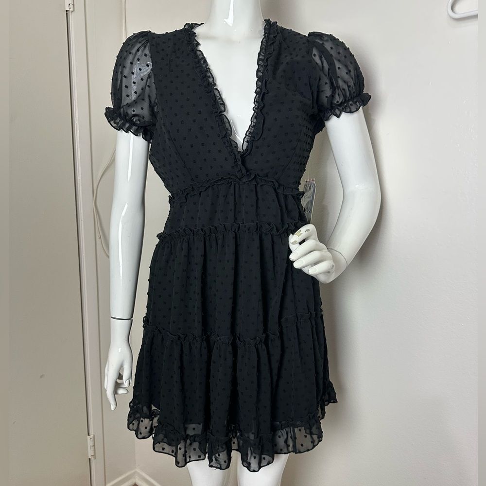 Justify Black Flocked Sheer Ruffles Open Back Mini Dress, Sz L